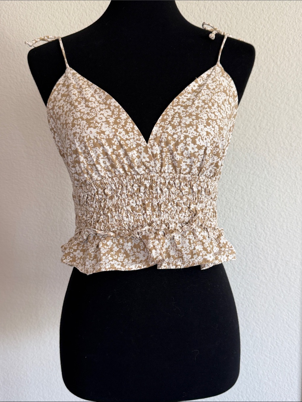 Floral Smocked Tie-Strap Crop Tank Top in Beige